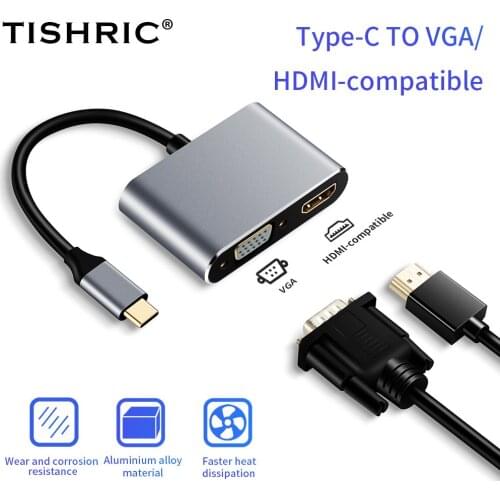 TISHRIC 2 in 1 Type C to VGA HDMI-Compatible Cable USB C HDMI-Compatible VGA Converter/Adapter/Splitter For laptop Projector TV