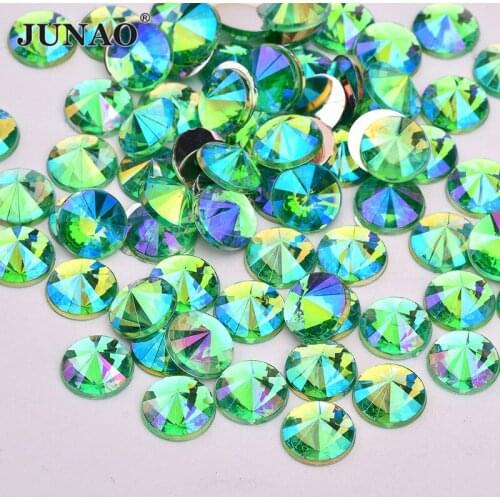 JUNAO 4mm 5mm 6mm 10mm Green AB Rivoli Rhinestones Bulk Round Acrylic Beads High Quality Crystal Strass For DIY Clothes Crafts