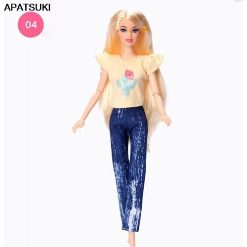 Fashion Yellow Cactus Flower Shirt Tops & Blue Denim Jeans Trousers For Barbie 1/6 Doll Clothes Outfits Dollhouse Kids DIY Toys