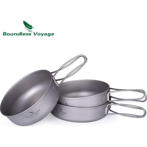 Boundless Voyage Outdoor Camping Picnic Ultralight 3pcs Titanium Bowl Pan Plate Dish Set Cookware Tableware Dinnerware