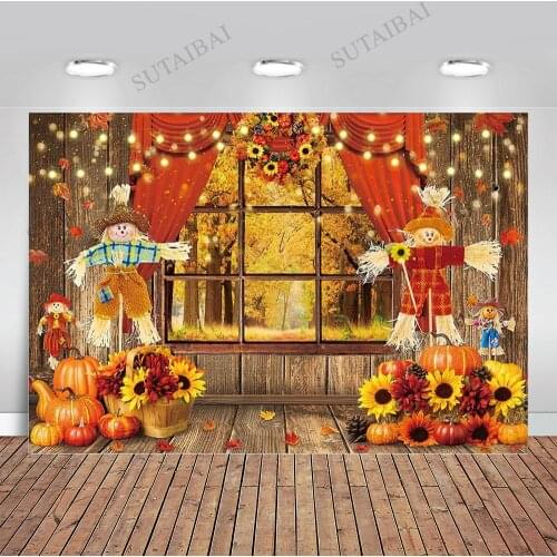 Autumn Window Pumpkins Photography Backdrop Thanksgiving Harvest Scarecrow Fall Scene Setter Sunflower Wood Maple Background