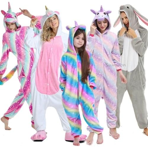 Adults Animal Unicorn Pajamas Winter Sleepwear Kigurumi Wolf Panda Rabbit Pyjamas Women Onesies Anime Costumes Kids Jumpsuit