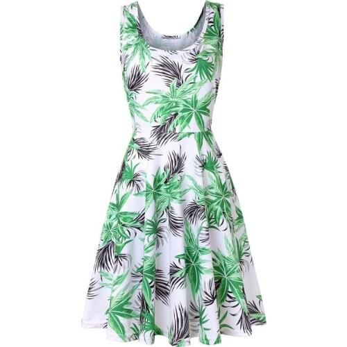 Summer Womens Knee Length O Neck Green Leaves Print Dress Casual Sleeveless Female Leisure A-line Dress