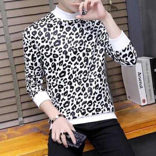 Casual Leopard High Neck Pullover Velvet T Shirts Mens 2020 Fall Stylish Tee Long Sleeves Flannel T-shirts Velour Outfit