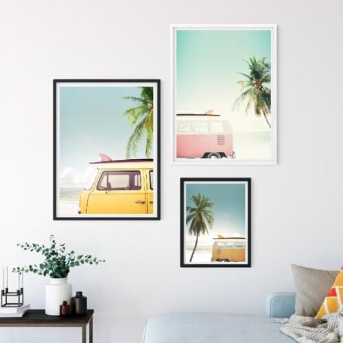 Pink Yellow Camper Poster Tropical Beach Palm Tree Prints Wall Art Picture Canvas Painting Home Decor