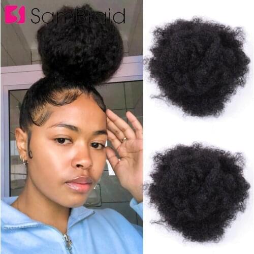 SAMBRAID Short Afro Kinky Hair Bun Synthetic Drawstring Ponytail Clip in Hair Extensions Hair Buns For Women