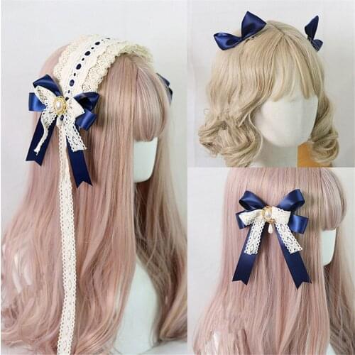 Lolita Navy Blue Lace Hairpin Trim Bow Hairband Side Clip Headdress KC Hair Hoop Hair Accessories B1585