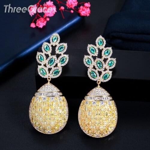 ThreeGraces Luxury Yellow Green Cubic Zirconia Long Big Leaf Shape Drop Dangle Earrings for Women Wedding Party Jewelry ER617