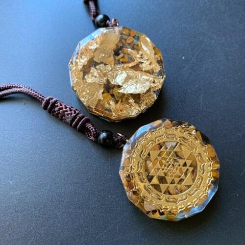 Tiger Eye Tumble Stones Crystal Pendant Geometric Orgonite Necklace Resin Orgone Energy Pendant Sri Yantra Necklace Jewelry 1pc