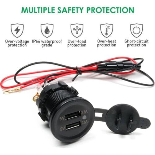 IP66 Water Proof 12V DC 2 USB Motorcycle Cigarette Lighter Socket Charger Connector and Fuse Converter Plug for Car Moto Boat 5V
