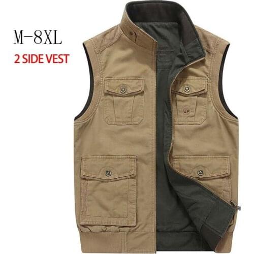High Quality Double Side Vest Denim Men Casual Vest with Many Pocket Colete Sleeveless Jacket Military Waistcoat Plus Size 8XL