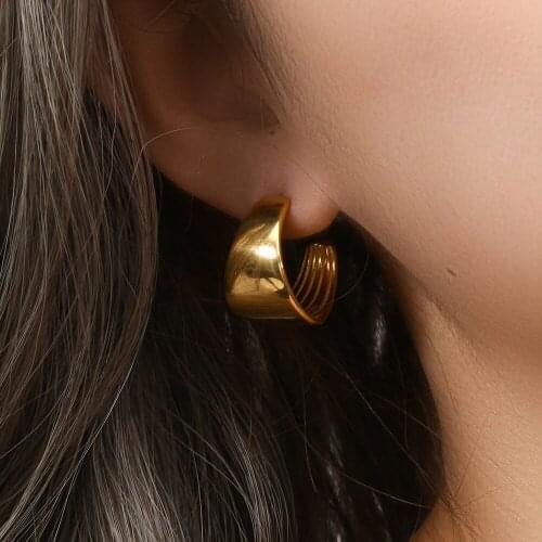 2021 New Minimal Basic Fine Polished Wide Smooth Surface Stainless Steel Gold Hoop Earrings For Women Tarnish Free Jewelry