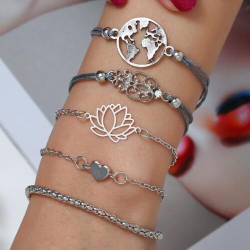 HOCOLE 5 Set Bohemian Heart Map Flower Link Chain Bracelet For Women Za Silver Bracelets Bangle Fashion 2019 Jewelry Female