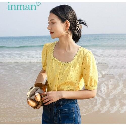 INMAN Summer Womens Top Elegant Pastoral Style Square Collar Slim Lace Jacquard Buttons Cotton Short-Sleeved Basic Blouse
