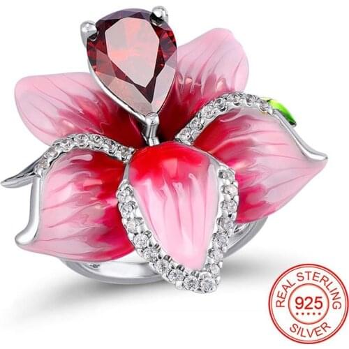 Dainty Red Zircon Ring Bridal Wedding Band Flower Ring Silver 925 Jewelry Promise Engagement Rings For Women joyas de plata 925