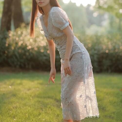 Women Midi Dress Lace Hollow Out V-Neck Short Puff Sleeve 2021Summer Ruffle Slim Waist Dress Female Sweet Long Robe with Button