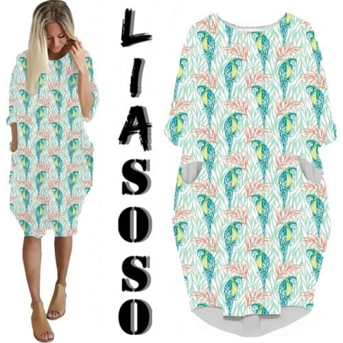 LIASOSO Anime Ladies Sexy Dress 3D Printed Animal Parrot Summer Fashion Loose Women Long Sleeve Over the Knee Dress Skirt New