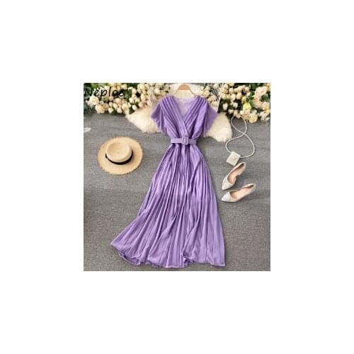 Womens Summer Dress Slim Fit Long Chiffon Women Dresses Candy Color Elegant V-neck Drawstring Vestidos New French Style Dress