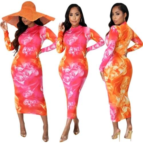 Adogirl Women Floral Print Maxi Dress O-Neck Long Sleeve Bandage Midi Dress 2020 Party Club Casual Pencil Long Dress Vestido
