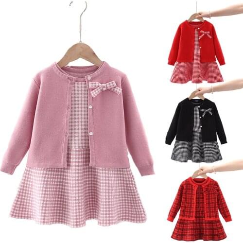 Two-piece Baby Girls Winter Clothes Knitted Love Sweater Coat Knit Dress Outfits Casual Autumn Kids Toddler Clothing Set