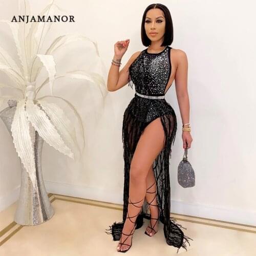 ANJAMANOR Diamond Bead Sequin Tassel Mesh Two Piece Set Bodysuit Skirt Sexy Party Club Birthday Outfits for Women D42-GE44