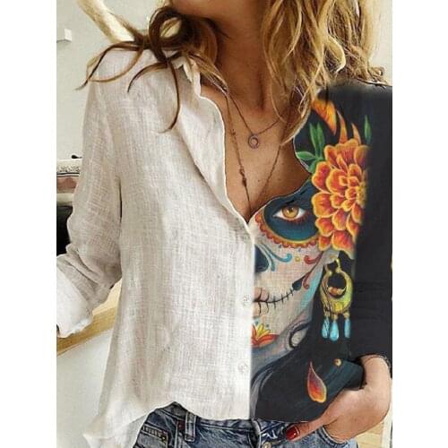 Turn Down Collar Long Sleeve Blouse Women Shirts Elegant Print Autumn Casual Office Button Tops Couples T-shirt Summer Autumn