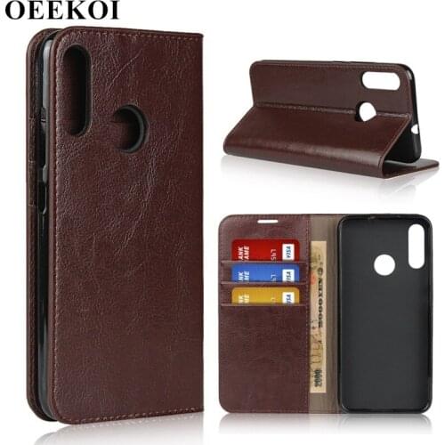 OEEKOI Crazy Horse Genuine Leather Wallet Flip Case for Moto E6 Plus/G8/One Pro/One Vision