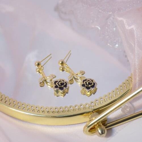 Korea Fashion Jewelry Rose Black Drop Oil Quality Micro-inlaid Zircon Long Earrings for Woman Holiday Daily Elegnt Earring