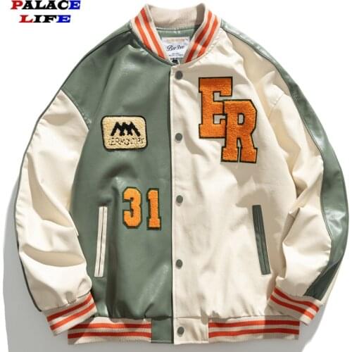 2021 PU Leather Jackets Mens Harajuku Streetwear Letters Embroidery Patchwork Bomber Jacket Couple Baseball Coats Unisex Winter