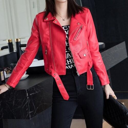 Womens Korean Casual Faux Leather Moto Biker Jackets Sashes Short PU England Female Punk Elegant Outerwear