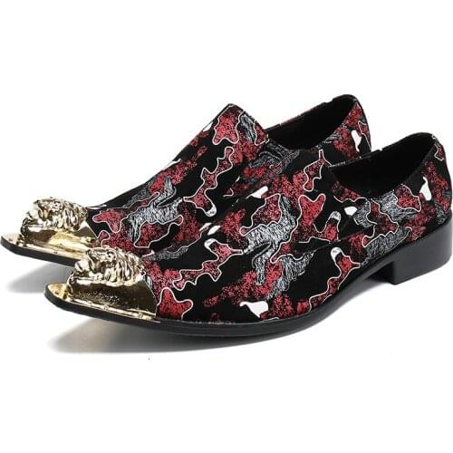 Trend Fashion Print Leather Shoes for Men Gold Metal Pointed Toe Man Casual Business Party Oxfords Big Size Wedding Dress Shoes