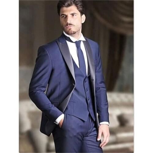 Classic Design Blue Men suit Dinner Party Prom Groom Tuxedos Groomsmen Blazer mens Suits (Jacket+Pants+Vest) Costume Homme