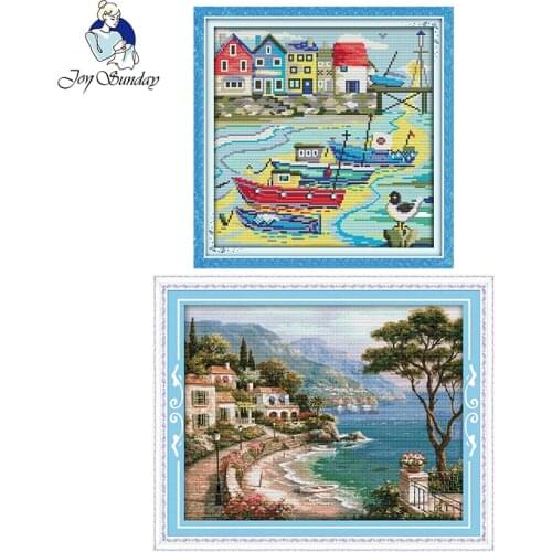 Joy Sunday Love harbor landscape series DIY handmade printed canvas cross-stitch kit DMC 14CT Chinese embroidery needlework set