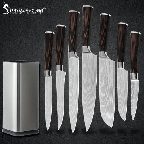Sowoll Kitchen Knives Stainless Steel Tool Set 8PCS Damascus Pattern Blade Knife Storage Stand Holder Chopping Fishing Knifes