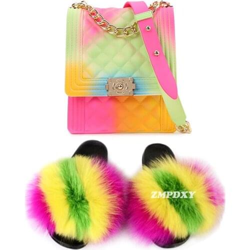 New Arrival Women Fur Slides With Matching Purse Luxury Fluffy Fuzzy Slides Candy Color Crossbody Bag Jelly Purses Set Wholesale