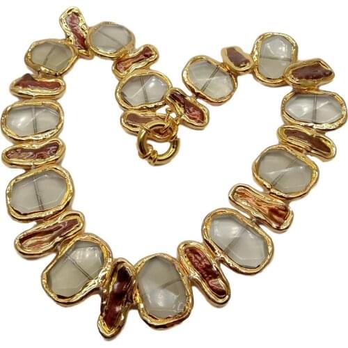 YYGEM natural Lemon Quartz Faceted Rectangle Brown Biwa Freshwater Pearl Gold color Edge choker Necklace