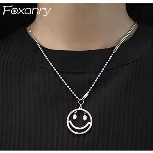 Foxanry 925 Sterling Silver Sweater Necklace New Fashion Vintage Punk Smiley Face Pendant Elegant Party Jewelry Gifts for Women