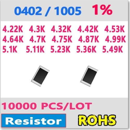 OHM 0402 F 1% 10000pcs 4.22K 4.3K 4.32K 4.42K 4.53K 4.64K 4.7K 4.75K 4.87K 4.99K 5.1K 5.11K 5.23K 5.36K 5.49K smd 1005 Resistor
