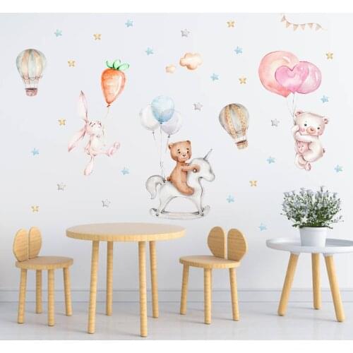 Hand Painted Rabbit Hot air balloon Bear Wall Stickers Children Kids rooms Wall Decorative Decals Eco-friendly Wall Decal Home