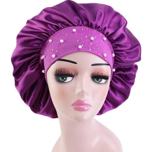 Bonnet Hair Styling Cap Adjust Solid Satin Long Haircare Women Night Sleep Hat Hot Fix Rhinestone Silk Head Wrap Shower Cap