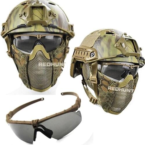 Tactical PJ Fast Helmet with Goggles Foldable Mesh Mask Ear Protect Full Face Cover Helmet For Hunting Paintball CS War Game