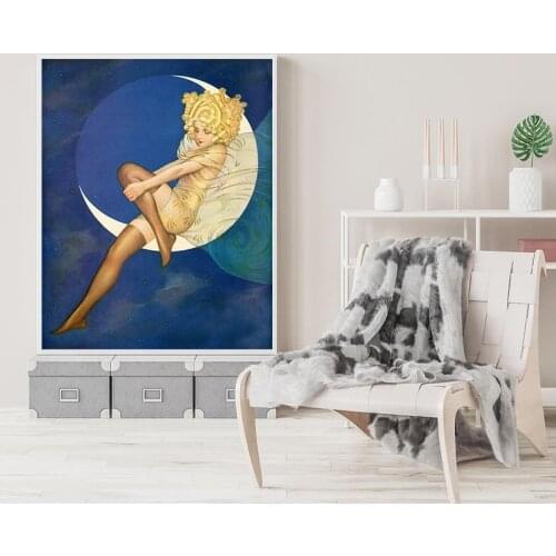 Vintage Girl in the Moon Canvas Painting Antique Crescent Moon Art Decor Beautiful Woman Moon Goodess Prints Wall Picture Decor