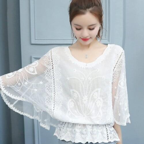 2019 summer new Korean version of the hollow heavy work embroidered loose thin bat sleeves shirt shirt