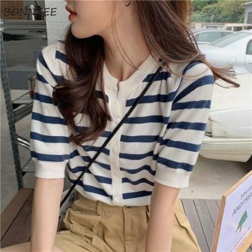 Knitted T-shirts Women Fashion Summer Loose Striped O-neck Sweet Leisure Button Korean Style All-match Vacation Female Crop Tops
