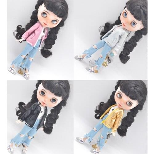 28-30cm Blyth doll clothes fashionable jacket coat, ripped jeans shoes Toys doll Azone accessories Girls gift