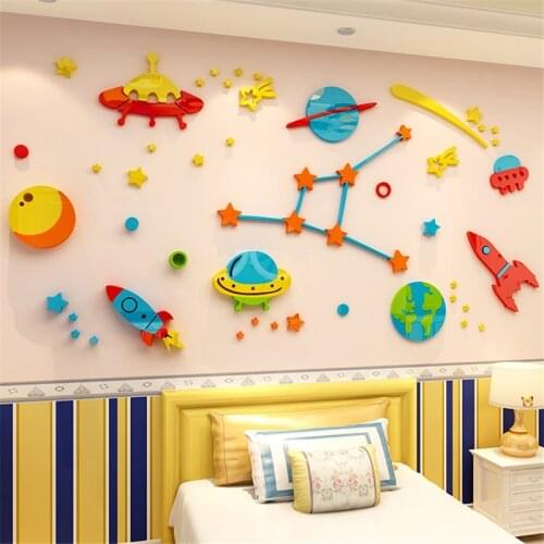 3D Wall Stickers Cartoon Spaceship Kids Room Wallpaper Decals Quality Acrylic DIY Wallsticker For Kindergarten Background Decor