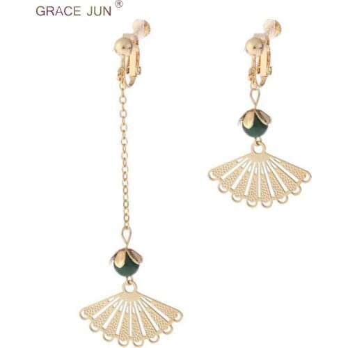 GRACE JUN Top Quality Fan Shape Tassel Clip on Earrings Without Piercing for Women Cute Gorgeous Sector Bead Ear Clip Bijouterie