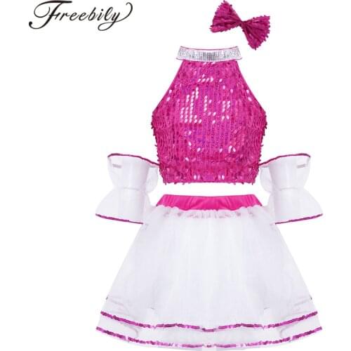 Kids Girls Cheerleader Costume Outfit Shiny Sequins Hip Hop Jazz Dancewear Set Children Stage Performance Dance Party Clothing