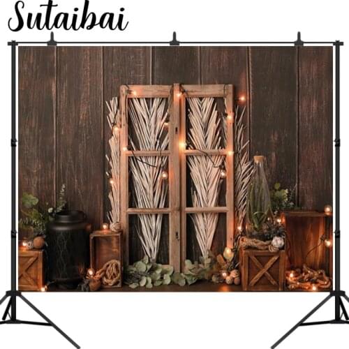 Wooden Door Photography Backdrop Plant Flower Light Decor Newborn Baby Shower Child Portrait Birthday Photo Studio Background