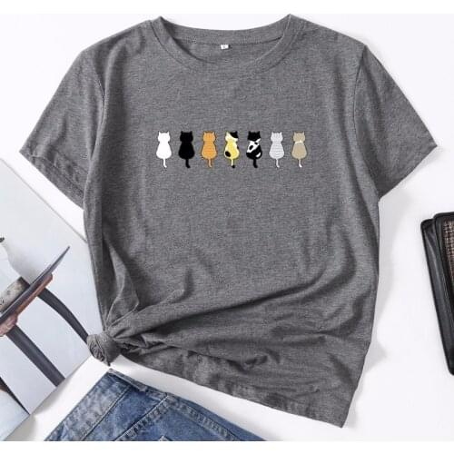 Cotton Summer Women T Shirt S-5XL Plus Size Cute Cats Print Short Sleeve Ladies Basic Tees Top Casual O-Neck Female Woman TShirt